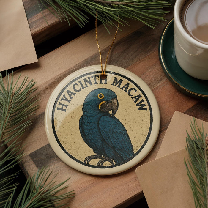 A round ornament featuring a blue parrot is displayed on a wooden surface, surrounded by pine branches and a cup of coffee.