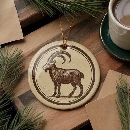 a round ornament with a goat illustration on it, placed on a wooden surface next to a cup of coffee and some pine branches.