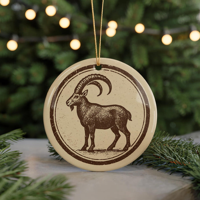 A round ornament featuring a goat with a curved horn, placed on a surface with pine branches in the background.