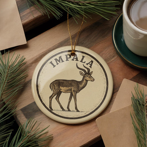 A circular ornament featuring an illustration of an impala deer, with the word "IMPALA" written on it, is displayed on a wooden surface alongside a cup of coffee and some pine branches.
