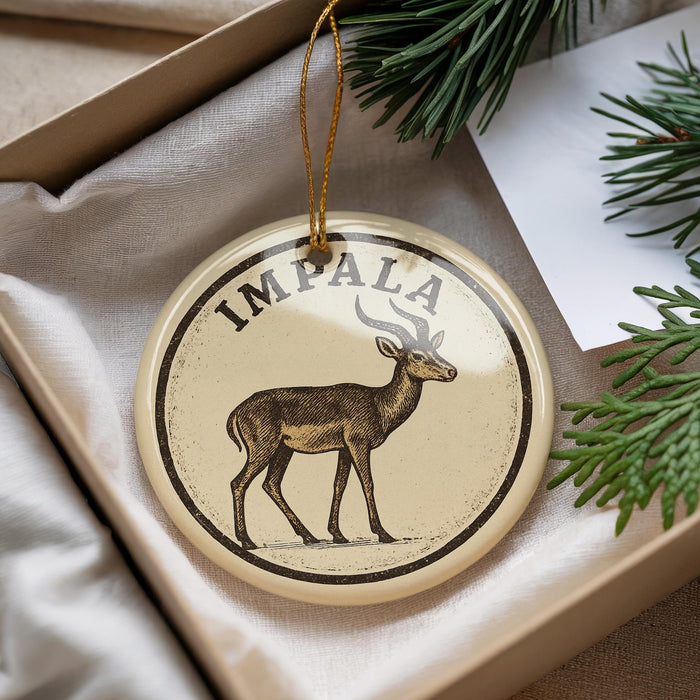 A circular ornament with the word "IMPA" on it, featuring an illustration of a deer or antelope.