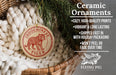 Ceramic ornaments, featuring a tiger design, are displayed in a basket with a pine branch.