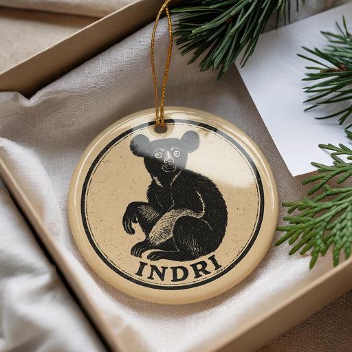 A circular ornament with a bear image and the word "INDRI" printed on it, placed on a surface with pine branches and a white paper.
