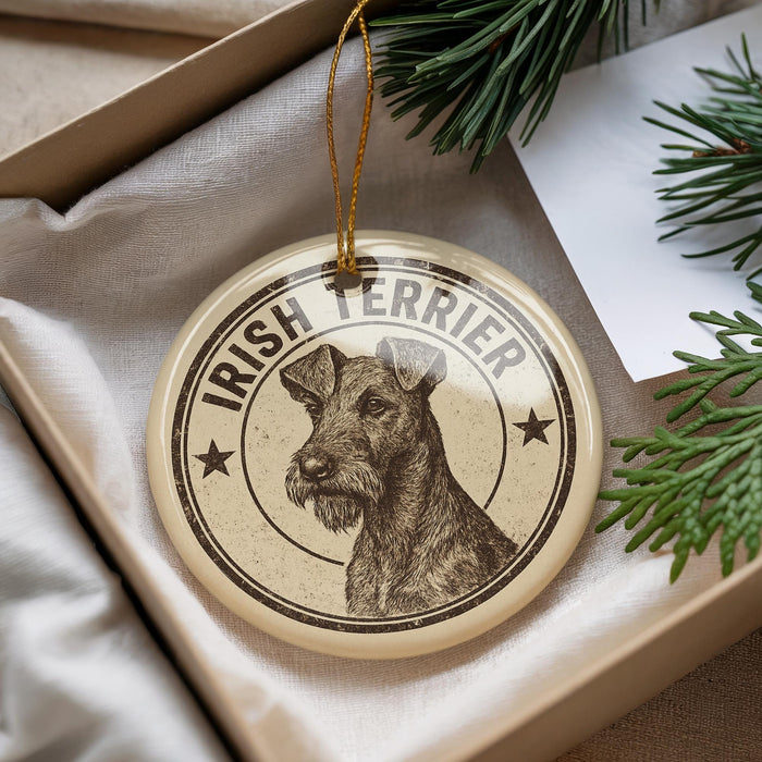 A circular ornament featuring an illustration of an Irish Terrier dog, with the text "Irish Terrier" prominently displayed.