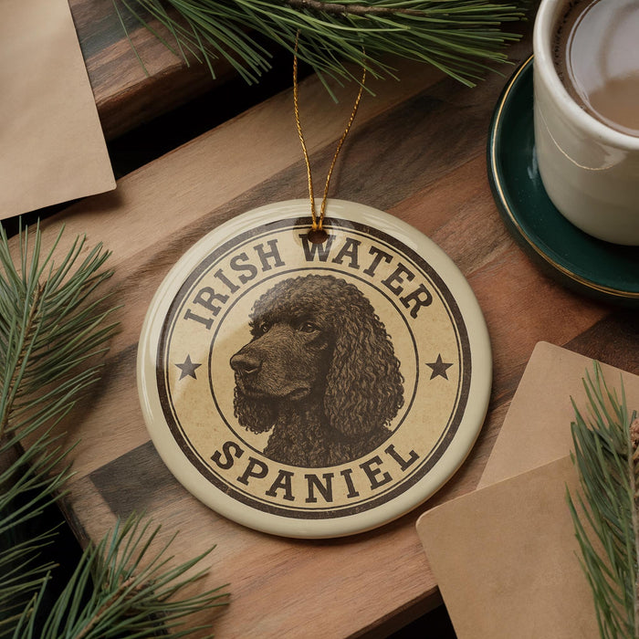 A circular ornament featuring an image of an Irish Water Spaniel dog, surrounded by pine branches and a cup of coffee on a wooden surface.