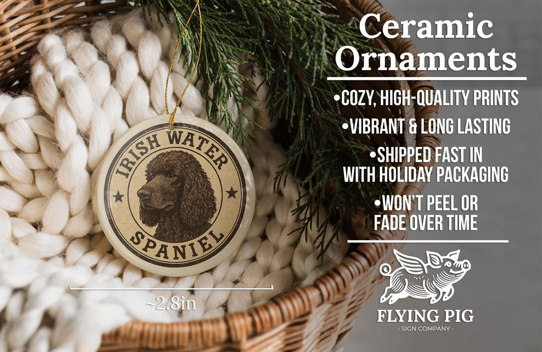 Ceramic ornaments featuring an Irish Water Spaniel, a breed of intelligent and affectionate dog, are displayed in a wicker basket.