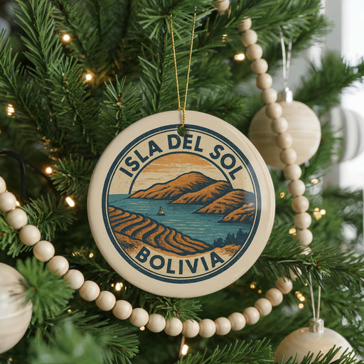 A round ornament on a Christmas tree, featuring a scenic image of the island of Bolivia.