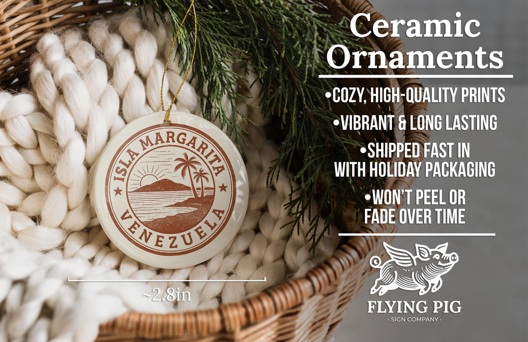 a ceramic ornament with a tropical island design, placed in a woven basket. The ornament is described as a "Ceramic Ornaments" and is described as "Cozy, High-quality Prints" and "Vibrant & Long Lasting". It is also noted that the ornament is "Shipped Fast in with Holiday Packaging" and " Won't Peel or Fade Over Time". The image is a collage of several smaller images, and the text is described in a clear and concise manner without redundancy.