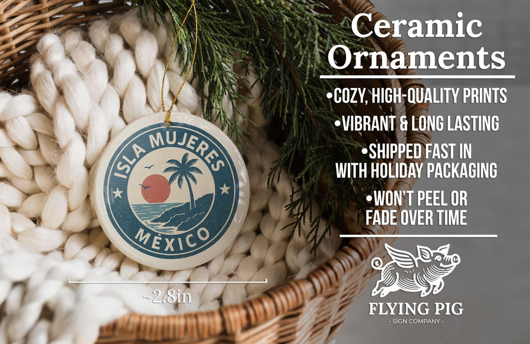 a ceramic ornament hanging from a wicker basket, with a text overlay providing information about the ornament.