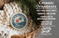 a ceramic ornament hanging from a wicker basket, with a text overlay providing information about the ornament.