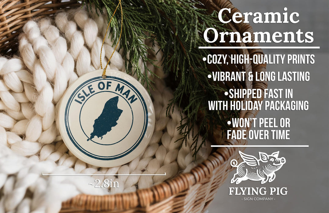 a ceramic ornament hanging from a wicker basket, with a text overlay providing information about the ornament.