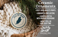 a ceramic ornament hanging from a wicker basket, with a text overlay providing information about the ornament.