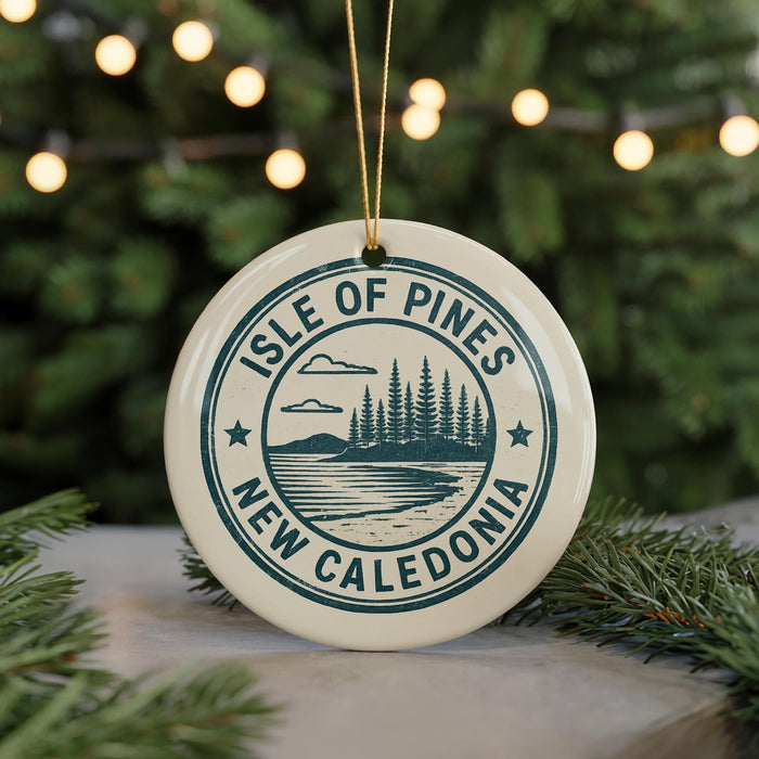 A circular ornament with the text "ISLE OF PINES NEW CALEDONIA" printed on it, surrounded by pine branches and lights.