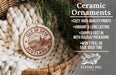 a ceramic ornament hanging from a wicker basket, with a text overlay providing information about the ornament.