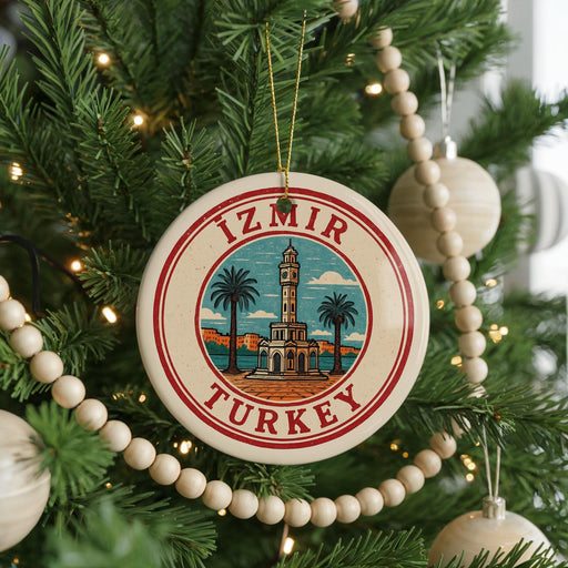 A circular ornament on a Christmas tree, featuring a red and white border and a picture of a tower surrounded by palm trees.