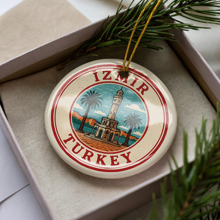 A circular ornament with a red border and a picture of a tower, surrounded by palm trees, is displayed in a box with pine branches.