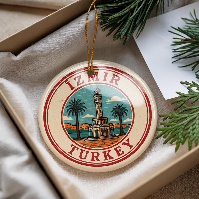 A circular ornament with a red border and the text "Izmir Turkey" is displayed on a white surface, surrounded by pine branches.