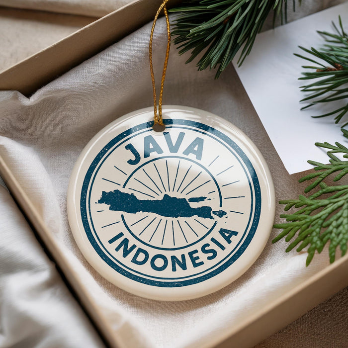 A circular ornament with the text "JAMA INDONESIA" printed on it, hanging from a string.