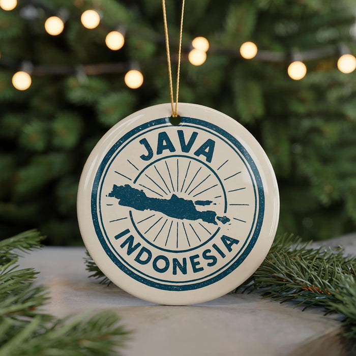 A circular ornament with the text "JAMA INDONESIA" printed on it, featuring a map of Indonesia.