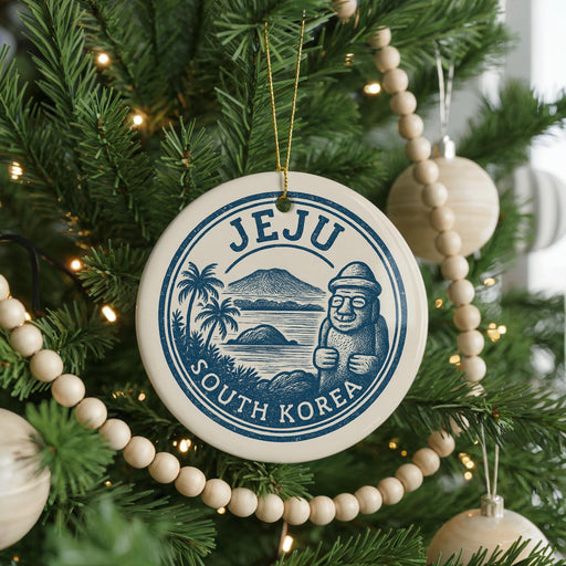 A Christmas tree decorated with ornaments, including a circular ornament with the text "Jeju South Korea" and a palm tree illustration.