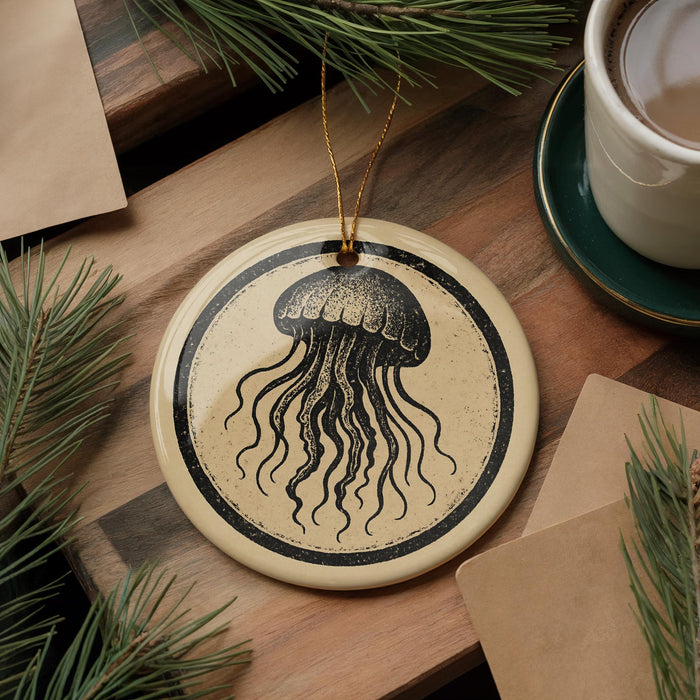 a round ornament with a black and white illustration of a jellyfish, hanging on a wooden surface. There is also a cup of coffee and some pine branches in the background.