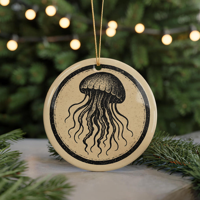 A round ornament featuring a black and white illustration of a jellyfish is displayed against a blurred background of a Christmas tree with twinkling lights.