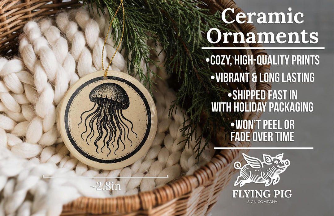 Ceramic ornaments, featuring a jellyfish design, are displayed in a wicker basket.