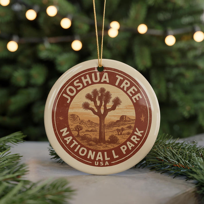 A circular ornament with the text "JOSHUA TREE NATIONAL PARK USA" printed on it, featuring a desert landscape with a Joshua tree.