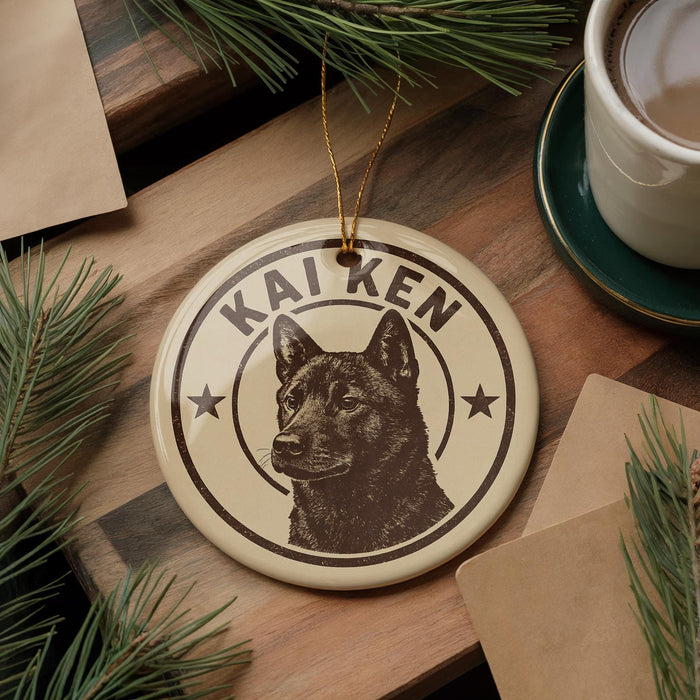 A circular ornament featuring a black and white image of a dog's head, with the name "KAIKEN" written around the edge. The ornament is hanging from a string, and there is a cup of coffee and some pine branches in the background.