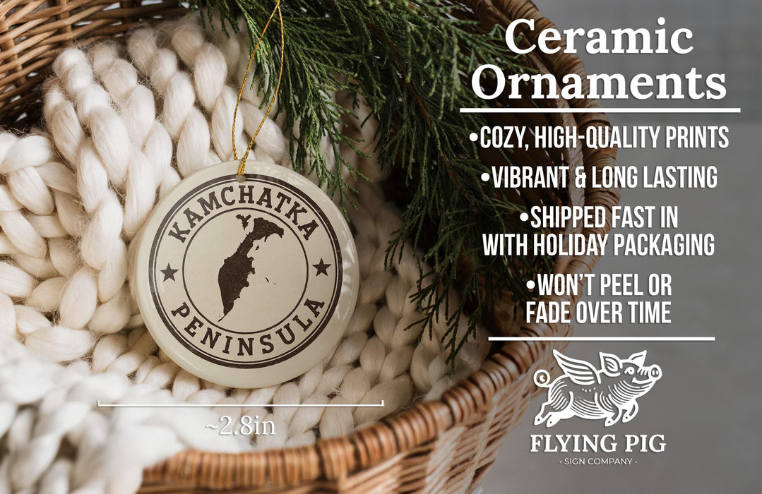 a ceramic ornament hanging from a wicker basket, with a description of the ornament and its features.
