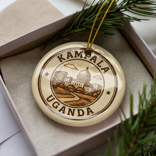 A decorative ornament with the text "Kampala Uganda" printed on it, surrounded by a circular design featuring a cityscape and a dome.