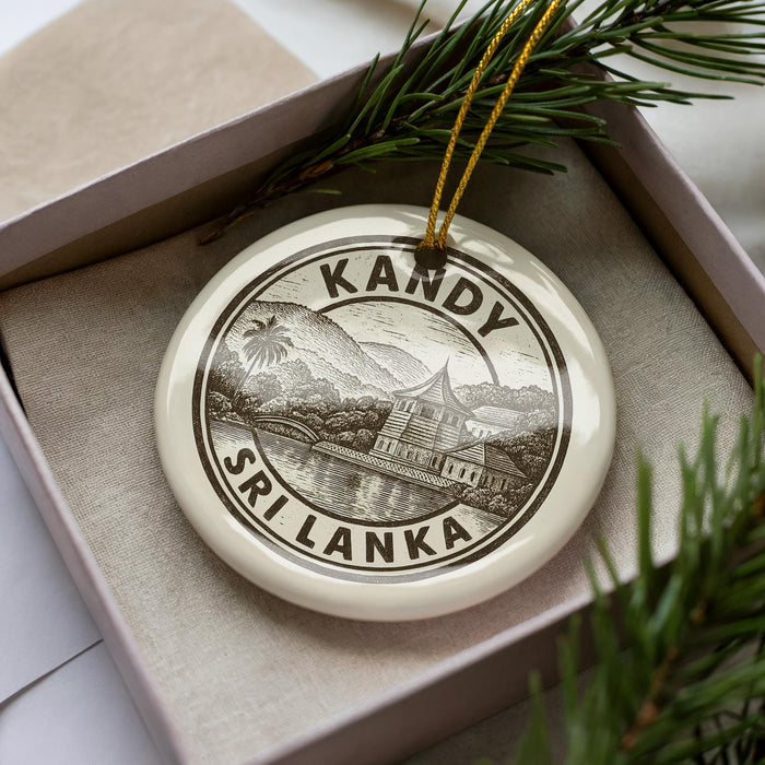 A decorative ornament in a box, featuring a circular design with the text "KANDY SRI LANKA" and an illustration of a temple or building.