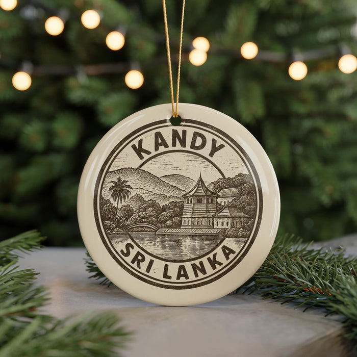 A circular ornament with the text "KANDY SRI LANKA" and an illustration of a temple or palace surrounded by mountains and trees.
