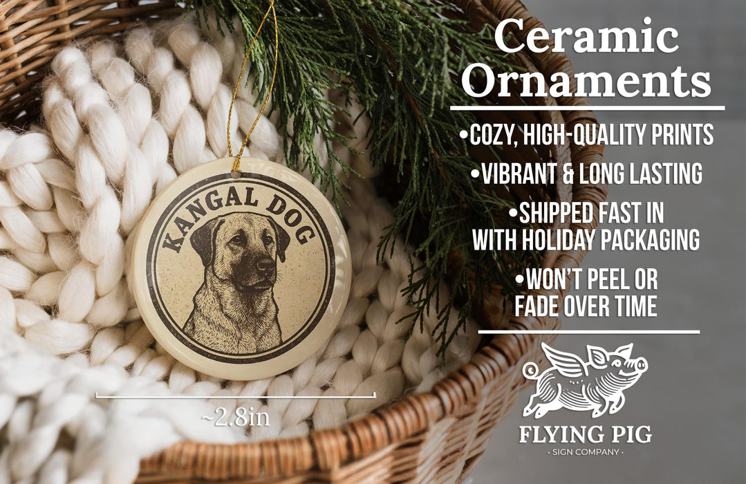 Ceramic ornaments, specifically a Kangal Dog ornament, are displayed in a wicker basket. The ornament is described as having a cozy, high-quality print, vibrant and long-lasting, and being shipped fast in holiday packaging. It is also noted that it won't peel or fade over time. The image is a collage of various images, and the text is concise and avoids redundancy.