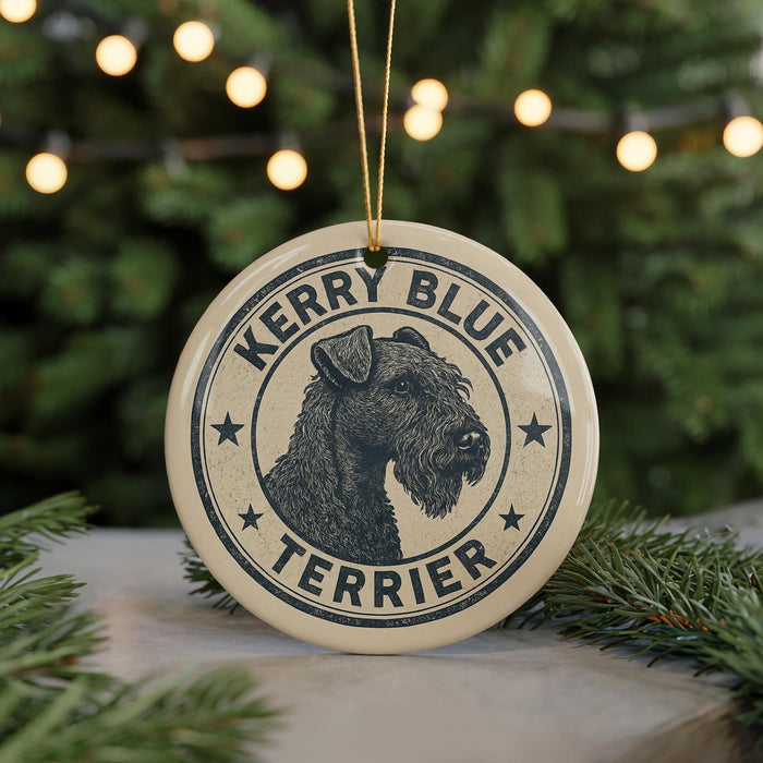 A circular ornament featuring a black and white illustration of a terrier dog, with the text "Kerry Blue Terrier" around the edge.