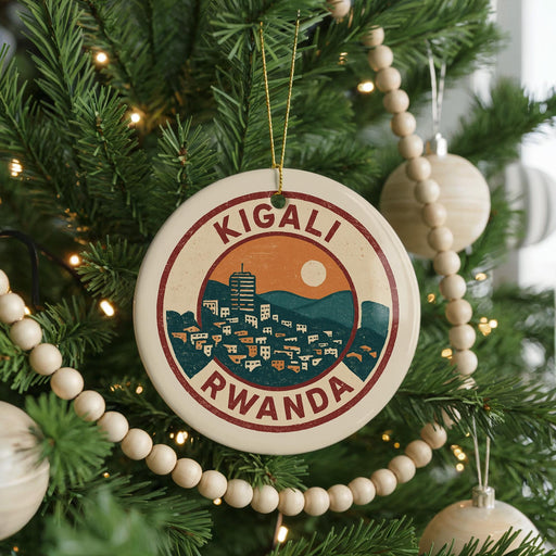 A circular ornament on a Christmas tree, featuring a cityscape and the text "KIGALI RWANDA".