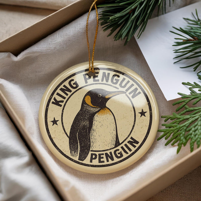 A decorative ornament featuring a penguin is displayed in a box, surrounded by pine branches.