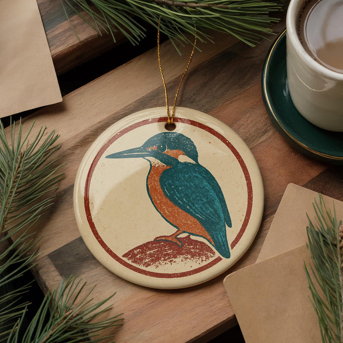 a round ornament with a bird design, placed on a wooden surface next to a cup of coffee and some pine branches.