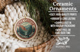 Ceramic ornaments, specifically the Kings Canyon National Park ornament, are displayed in a woven basket. The ornament features a mountain landscape and pine trees, and it is described as a cozy, high-quality print with vibrant and long-lasting colors. The ornament is shipped fast in holiday packaging and does not peel or fade over time. The image also includes a scale for the ornament, indicating it is 2.8 inches in diameter.