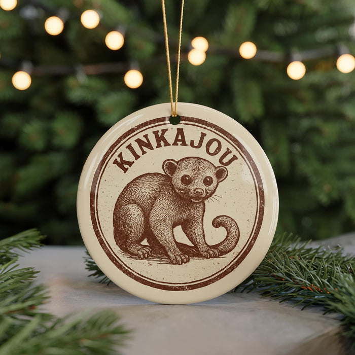A circular ornament featuring a drawing of a kinkajou, a type of primate, with the text "KINKAJOU" prominently displayed.