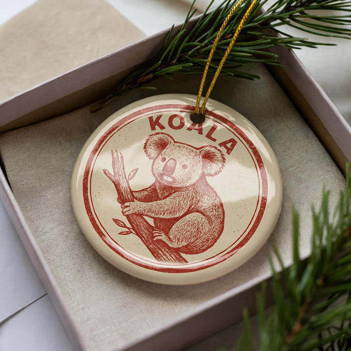 A circular ornament featuring a koala bear is displayed in a box, surrounded by pine branches.