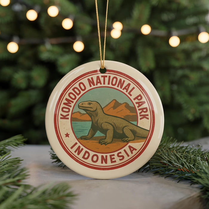 A circular ornament featuring a komodo lodo, a type of lizard, in a natural setting with mountains in the background, surrounded by Christmas lights.
