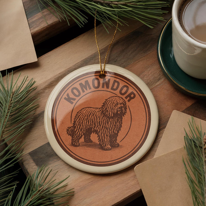 A circular ornament featuring a brown dog, possibly a Komondor, is displayed on a wooden surface alongside a cup of coffee and some pine branches.