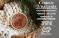 a ceramic ornament in a basket, with a description of the ornament and its features.