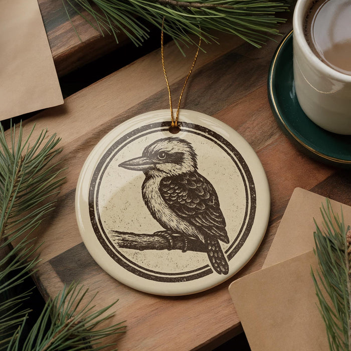 a ceramic ornament with a bird design, placed on a wooden surface alongside a cup of coffee and some pine branches.