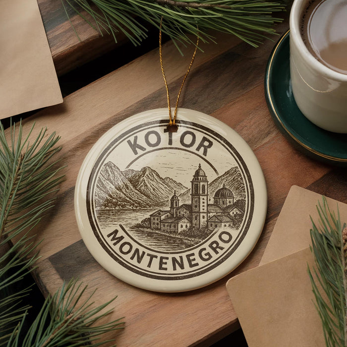 A circular ornament with the text "KOTOR MONTENEGRO" and an illustration of a town or village, placed on a wooden surface alongside a cup of coffee and pine branches.
