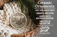 a ceramic ornament hanging from a wicker basket, with a description of the ornament and its features.
