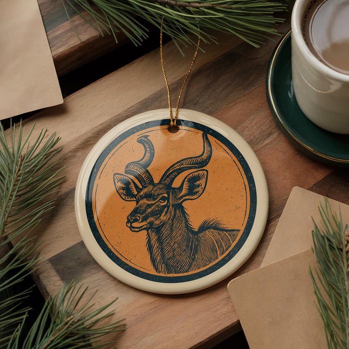 a decorative ornament with a deer or antelope design, hanging on a wooden surface. The ornament is circular in shape and has a gold string attached to it. There is also a cup of coffee and some pine branches in the background.