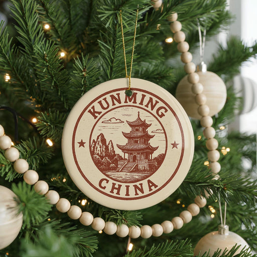 A Christmas tree decorated with ornaments, including a circular ornament with the text "KUNMING CHINA" and a traditional Chinese temple illustration.