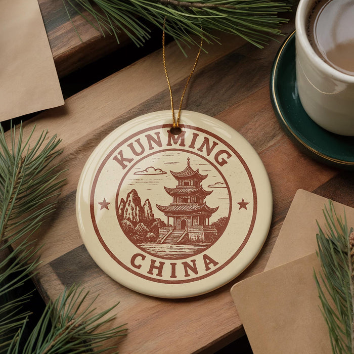 A circular ornament with the text "KUNMING CHINA" and an illustration of a traditional Chinese temple, placed on a wooden surface surrounded by pine branches and a cup of coffee.